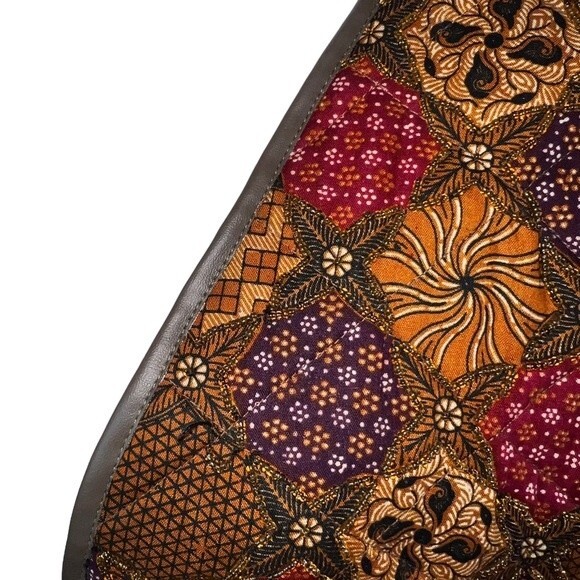 Vintage Cache Beaded Vest Medium Faux Leather Trim Ties Earth Tones Retro - Picture 8 of 13